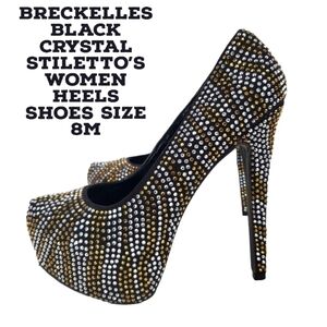 BRECKELLES BLACK CRYSTAL STILETTO'S WOMEN HEELS SHOES SIZE 8M